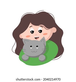 the image of a girl with wavy hair in a warm green sweater. Hugs a gray kitten. Love for pets.