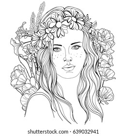 Image of a girl with a wreath in lines. Vector