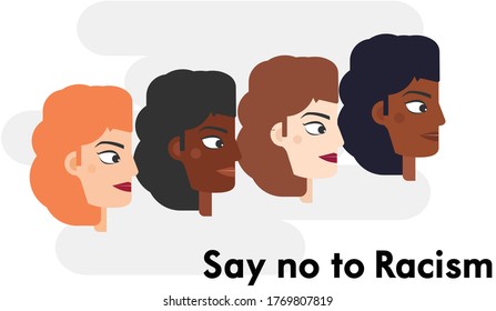 Image of girls faces say no to racism.  A poster with the phrase no racism. A banner design on a white background. Vector illustration.