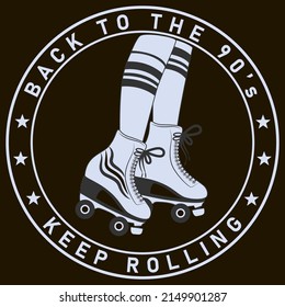 The image of a girl's legs on roller skates in the form of a stamp on a dark background. Vintage style 80s and 90s. Vector illustration