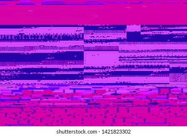 Image of glitched computer screen, TV no signal or Virtual reality (VR) concept. Retrofuturistic vector background in synthwave/ vaporwave/ cyberpunk 80s-90s neon aesthtetics style.