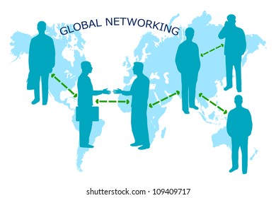 Image of a global networking business background with businessmen and map.