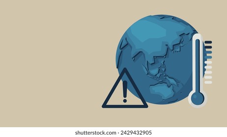 An image of global warming. There is a thermometer, a globe, and a danger mark.