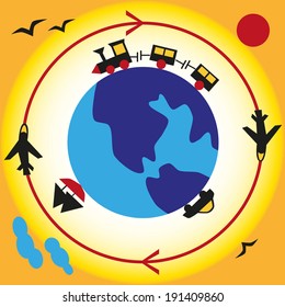 Image of the globe around which the airplane is flying, train rides mashina, sailing ship.