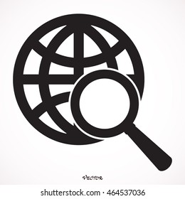 Image of globe under loupe in black circle, isolated on white