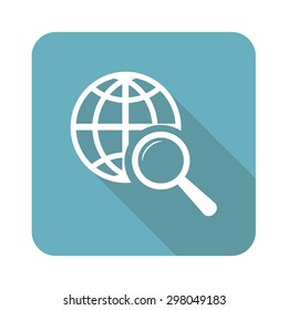 Image of globe under loupe in blue square, isolated on white