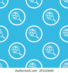 Image of globe under loupe in circle, repeated on blue background