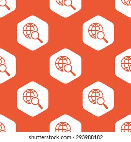 Image of globe under loupe in white hexagon, repeated on orange background