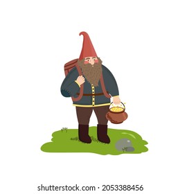 Image of a gnome with a backpack and a pot of magic stars on an isolated white background