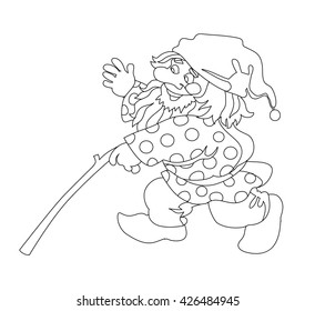 Image of gnome with branch. Can be used for coloring book. Vector illustration.