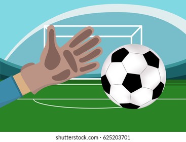 Image of goalkeeper hand with gloves holding a soccer ball. Stadium with Football field and gates on background.Vector illustration in flat style.