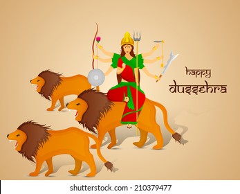 Image of Goddess Durga sitting on her lion with two more lion and give blessing.