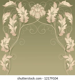 The image of  gold abstract flower and leaves on a green background