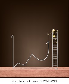 Image of gold wire robot  standing on stair  and pulling  business graph upwards