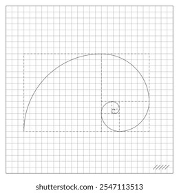 Image of golden ratio spiral on notebook sheet of checkered paper. School paper sheet lined in a cage with mathematical drawing of golden ratio. Simple black and white vector