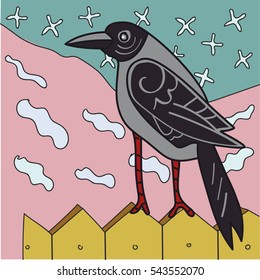 The image is good and funny bird - crow or raven. Cartoon-style.