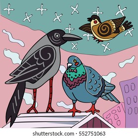 The image is good and funny bird - pigeon, dove, crow, raven and sparrow. Cartoon-style.