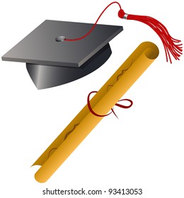 Imagen de un juego de diplomas y un gorro de graduación.