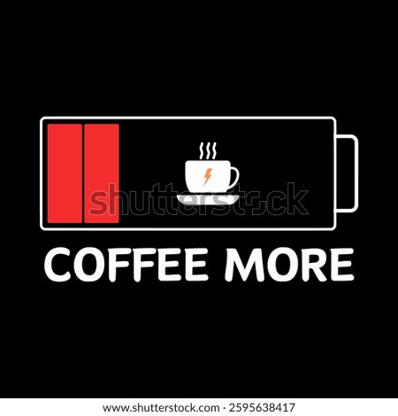 The image is a graphic design featuring a battery icon with a low charge, represented by two red bars on the left. In the center, there is a coffee cup icon with a lightning bolt symbol.