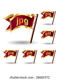 Image or graphic file extension icons on royal vector flag design elements for web or print