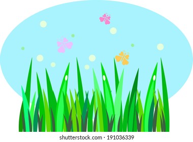 Image of grass, butterflies. Summer landscape. Vector illustration. Abstract pattern