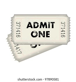 Image of a gray Admit One ticket isolated on a white background.