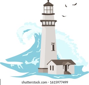 image of a gray lighthouse with a small house on a background of blue waves.
stock isolated illustration on white background for printing on postcards, websites, shop advertising in cartoon style