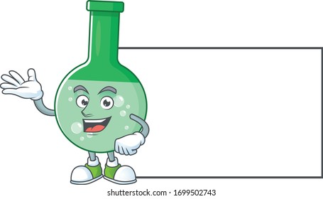 An image of green chemical bottle with board mascot design style