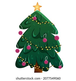 An image of a green Christmas tree decorated with balloons and a garland with branches and a trunk