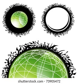 An image of a green globe with a plant border design.