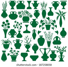 Image of green icons vases and flowers on a white background.