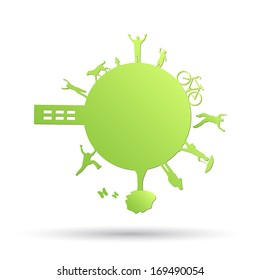 Image of a green planet with objects isolated on a white background.