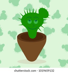 Image of green smiling cartoon cactus at the flower pot. Seamless pattern of a cactus at the backside
