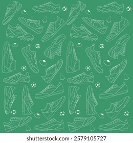 The image is a green vector pattern featuring various outlines of sports shoes and soccer balls, arranged in a repeating design