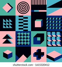 The image is a grid of geometric shapes in square blocks. Creating geometric shapes in a square. Vector pattern.