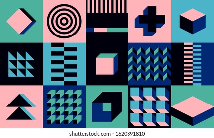 The image is a grid of geometric shapes in square blocks. Creating geometric shapes in a square. Vector pattern.