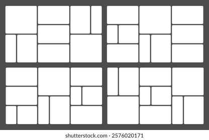 Image grid layout sticker background design. Photo bento rectangular square image montage. Curve picture gallery mobile sticker. Modular visual web app showcase. Game mosaic framework desktop template