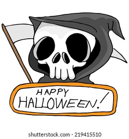 An image of a grim reaper with Happy Halloween text.