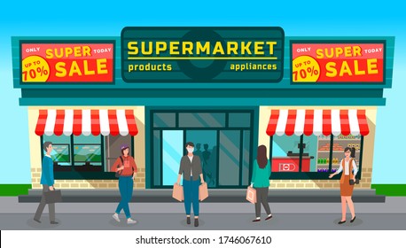 Imagen de tienda de comestibles con grandes signos de descuento. Supermercado con carteles. La gente compra en la tienda. Mujer con máscara protectora. Comprando comida. La gente pasa por un supermercado. Colorida tienda de diseño