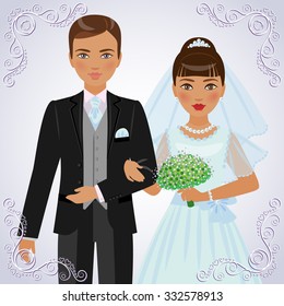 The image of the groom in a black suit and the bride in a light blue dress with a bouquet in hand. 