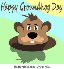 Image of groundhog looking out of the hole and sees its shadow on a three colors background