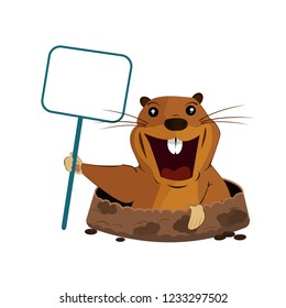 An image of a groundhog with a poster for the Groundhog Day on an isolated background. Vector illustration