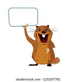 An image of a groundhog with a poster for the Groundhog Day on an isolated background. Vector illustration