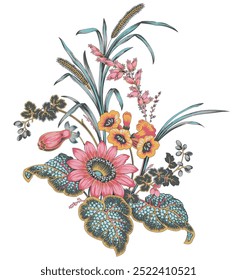 The image is a group of colorful flowers. It features a drawing of floral design that could be used for embroidery.