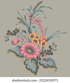 The image is a group of colorful flowers. It features a drawing of floral design that could be used for embroidery.