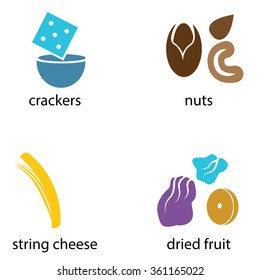 An Image Of A Group Of Organic Snack Foods Like Crackers, Nuts, String Cheese And Dried Fruit.