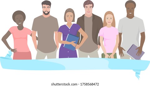 image of a group of young people students of different nationalities and skin.stock isolated illustration on white background for printing on postcards, websites, shop advertising in cartoon style