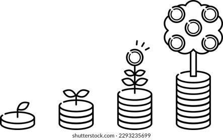 Image of growing money through investment (black and white, white parts are painted, PNG background is transparent)