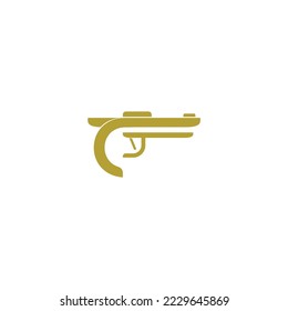 imagen de una pistola con letras geométricas C y T como logotipo.
