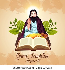 The image is a Guru Ravidas Jayanti greeting card or poster featuring a portrait of Guru Ravidas with his name in Gurmukhi script The design reflects a respectful and celebratory tone